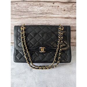 RARE Vintage Chanel Paris Limited 26cm Double Flap Two-Tone CC Black Lambskin
